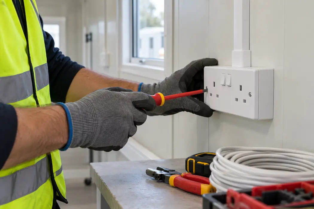 Electrician fitting a double plug socket in a site cabin