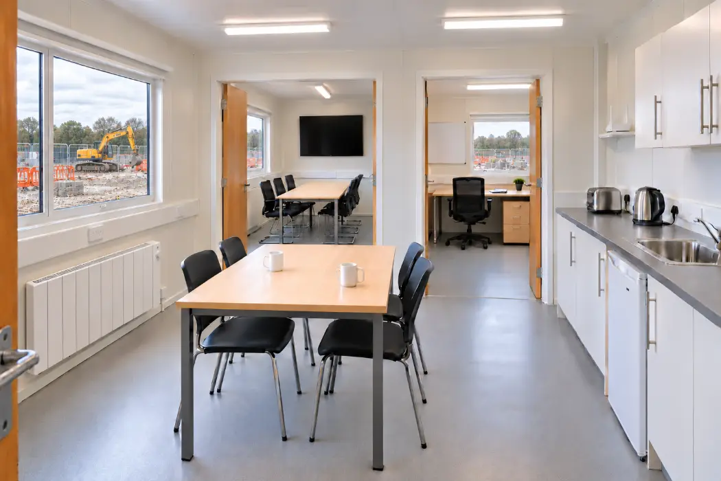 Fitted-out site cabin with kitchen, welfare table and offices